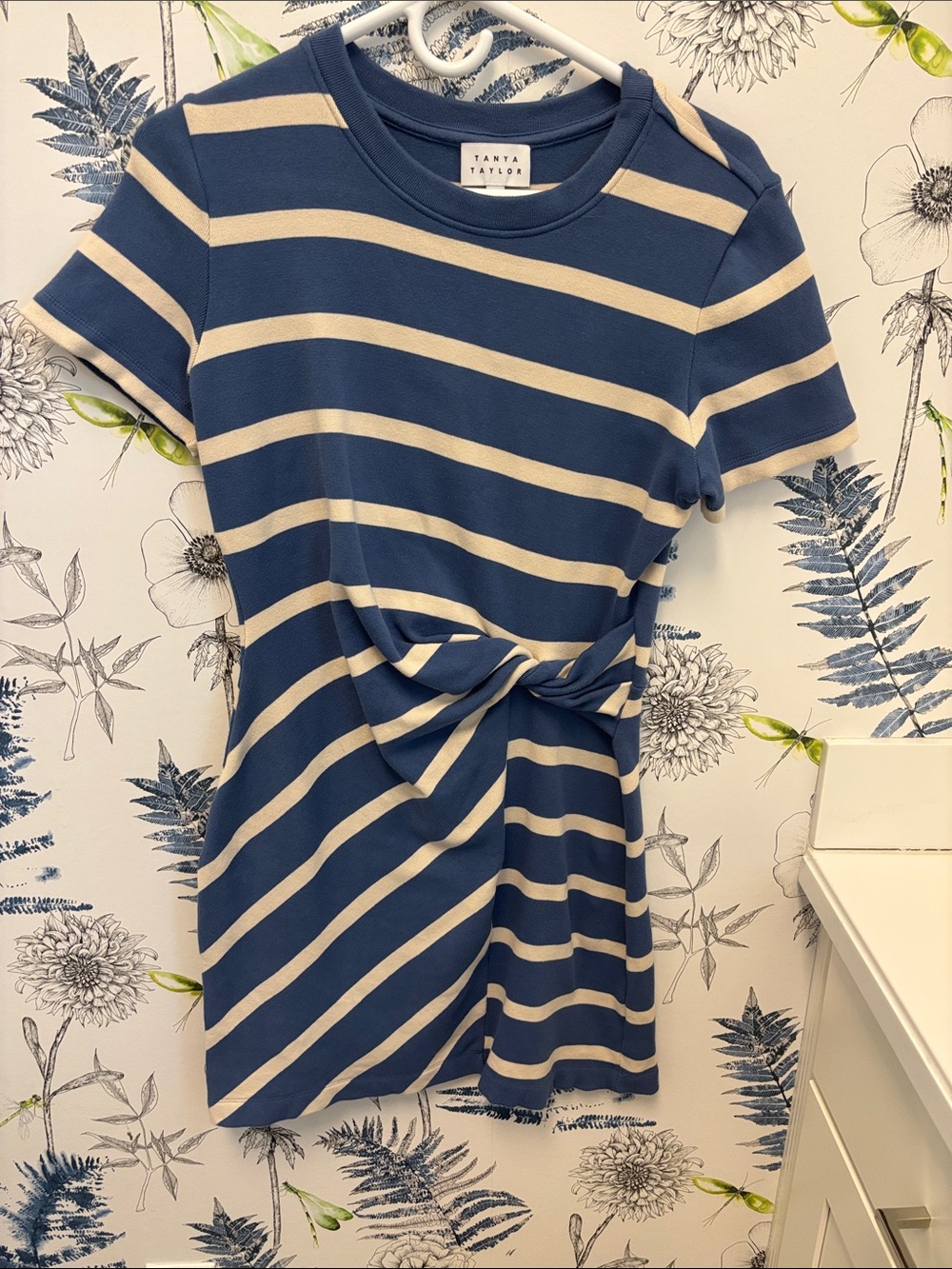 Tanya Taylor Navy and Cream Striped Knot-Front Mini Dress